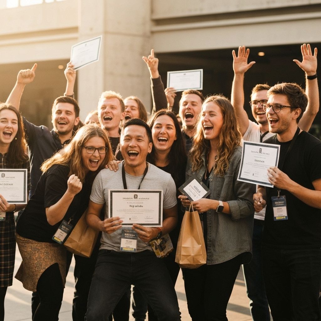 Winners celebrating with their prizes and certificates