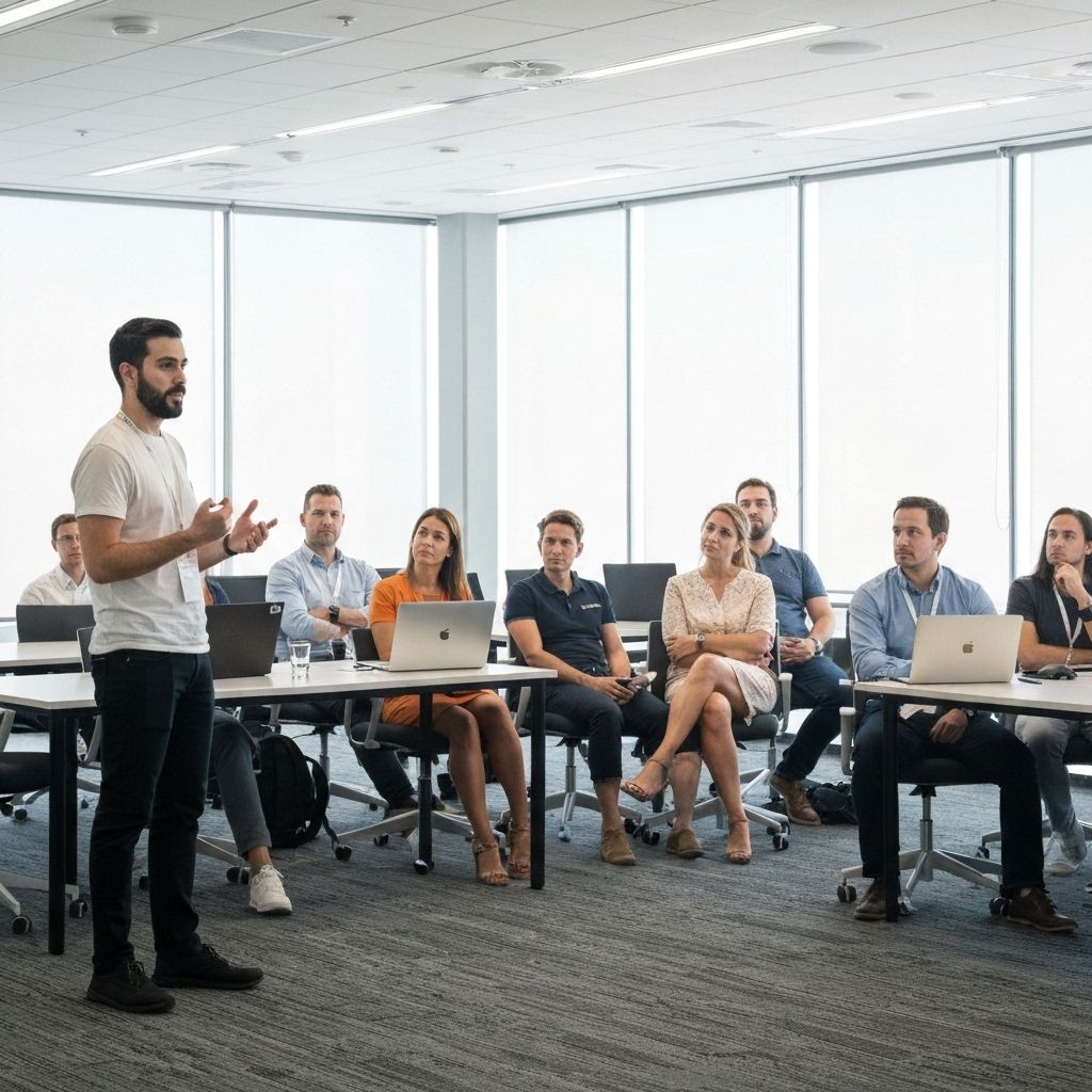 Speakers presenting React 19 features to engaged audience