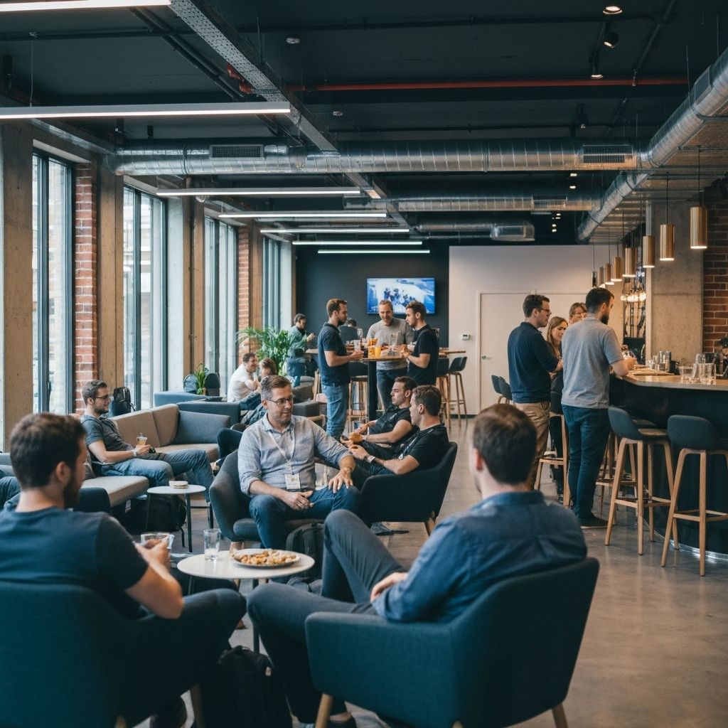 Audience members networking during break